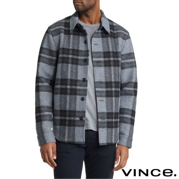 Vince **NWT** Heavy Knit Brushed Flannel Plaid Shirt Jacket in Heather Blue Grey - Picture 3 of 16